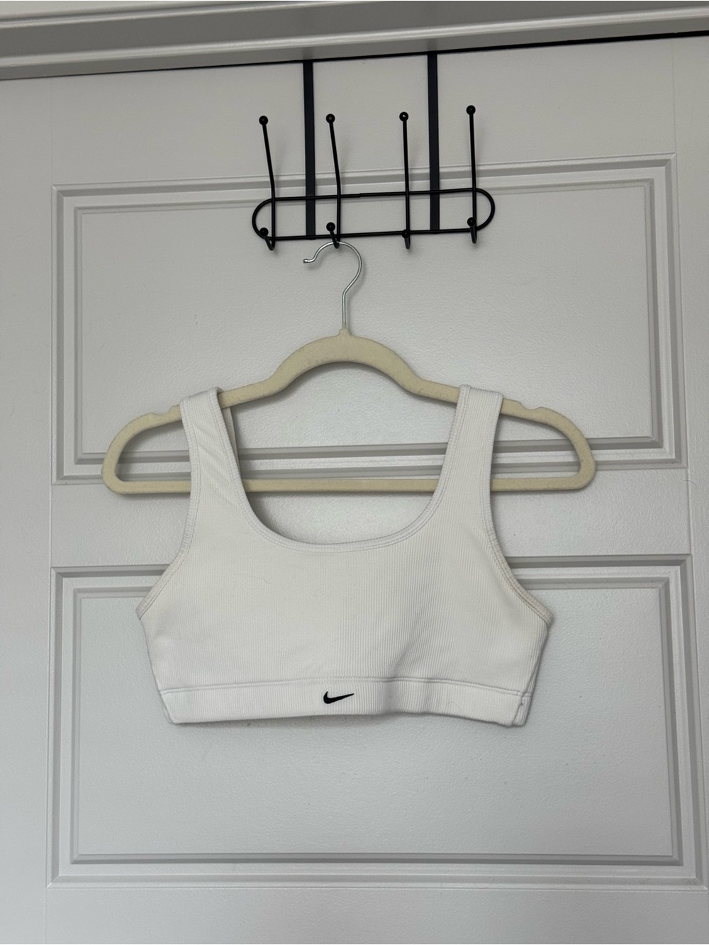 Nike White Ribbed Scoop Sports Bra with Micro Swoosh
